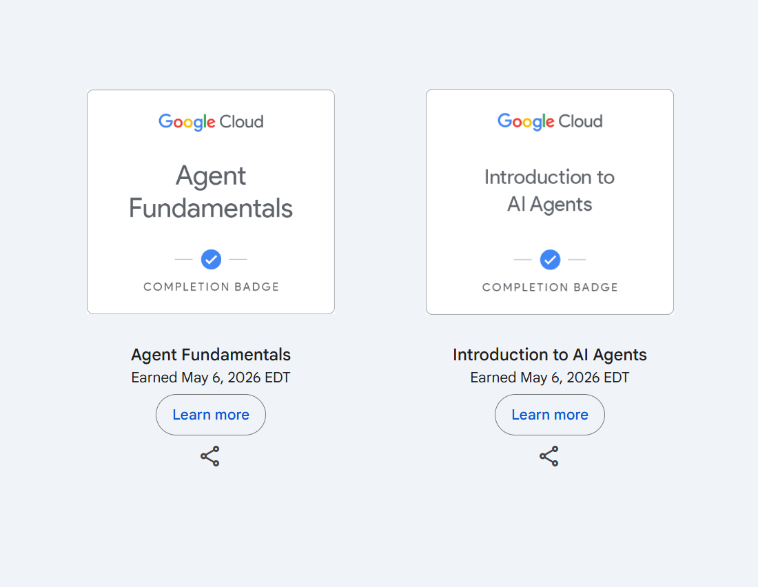 Google Cloud Agent Fundamentals ir Introduction to AI Agents mokymų baigimo žymos
