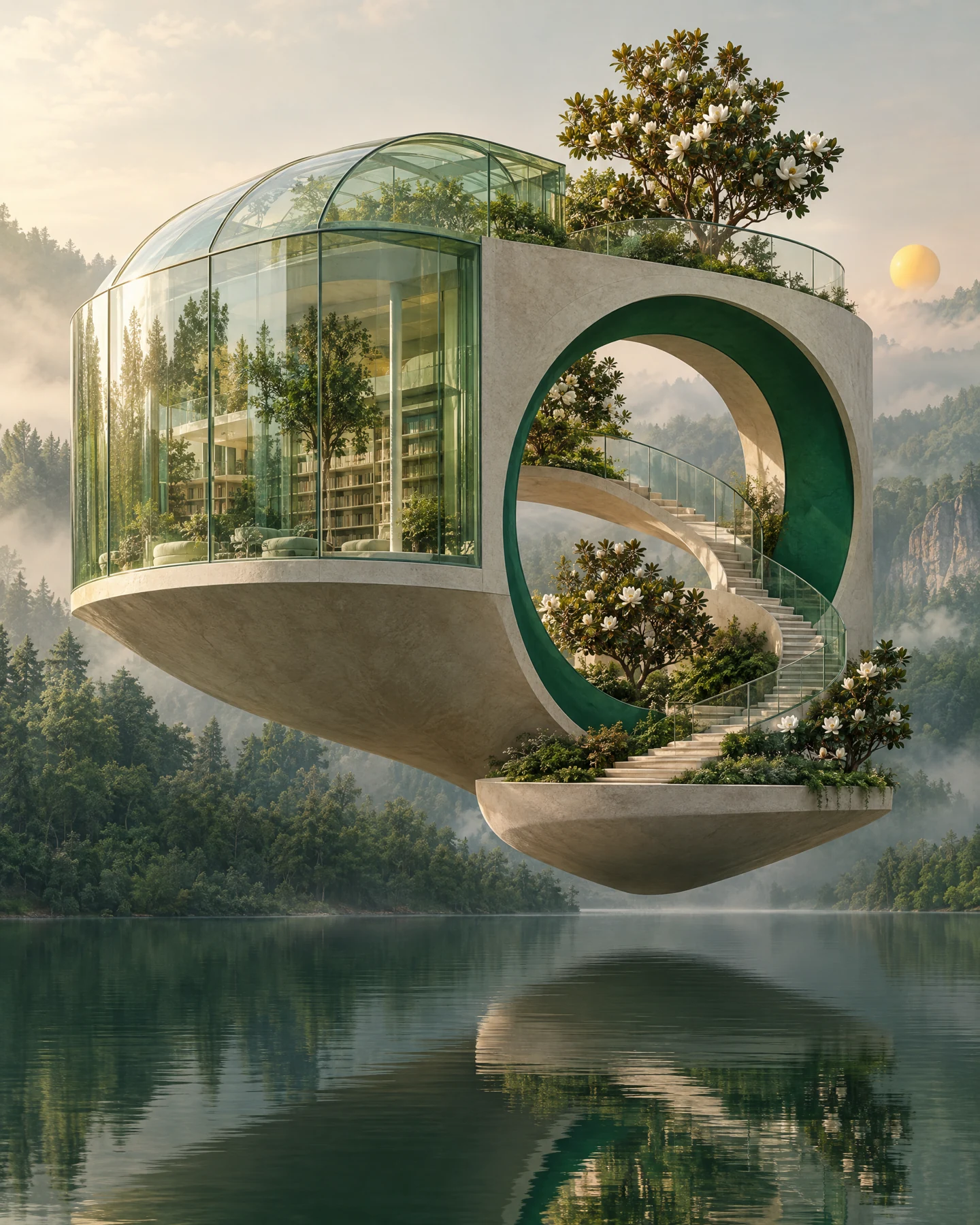 DI sukurta fantastinė stiklo biblioteka virš ežero