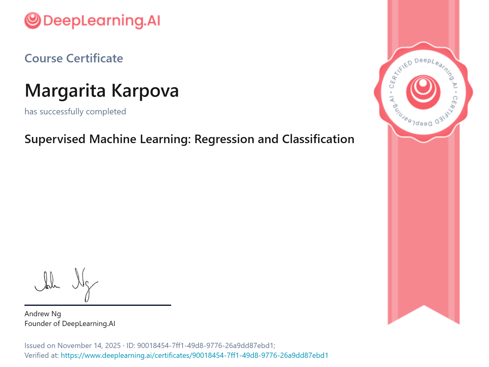 Margarita Karpova DeepLearning.AI Supervised Machine Learning: Regression and Classification kurso baigimo sertifikatas